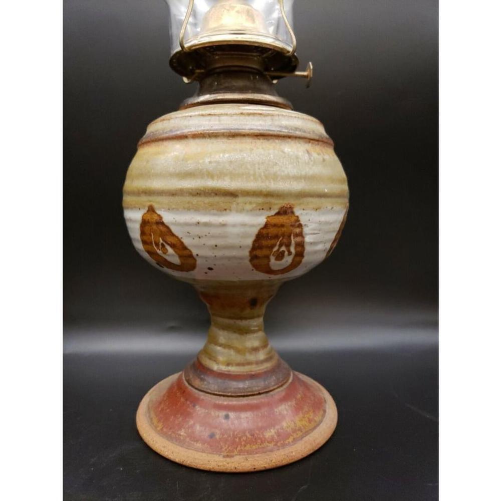 Hand-made Pottery Redware Oil Hurricane Lamp artist initials